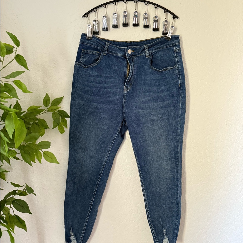 SHEIN Dark Wash Distressed Ankle Skinny Jeans - Curve 1XL